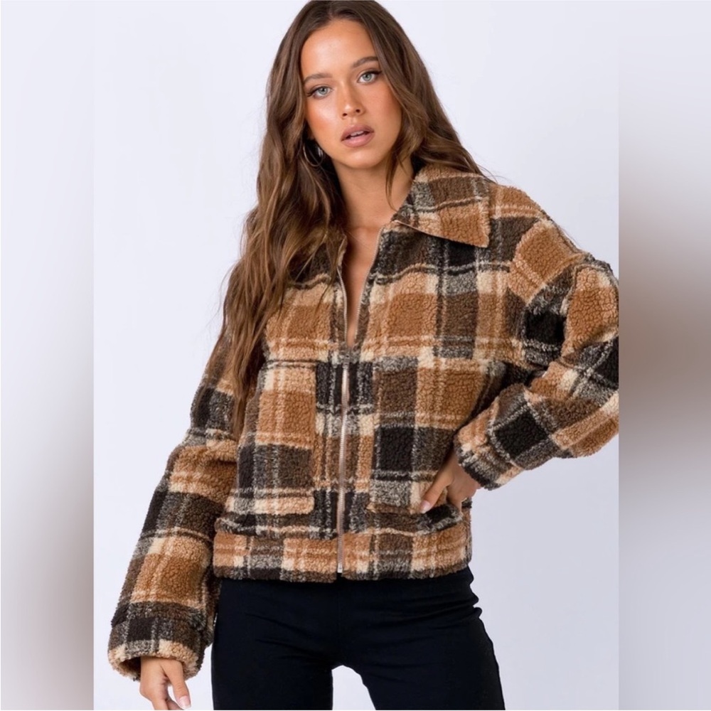 Princess Polly Doria Brown Plaid Teddy Sherpa Jacket sz 8